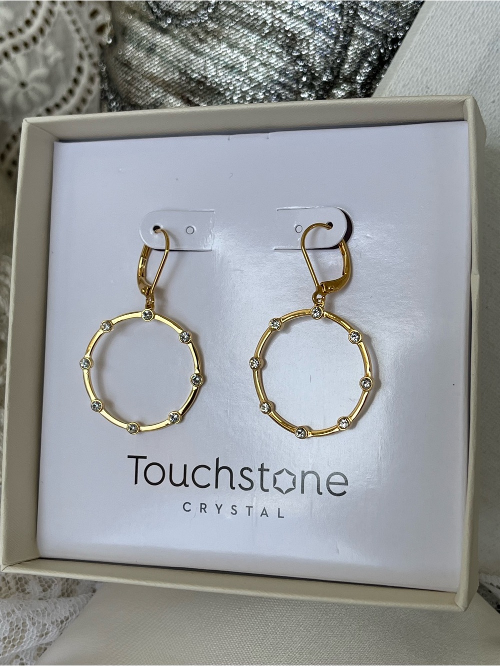 Touchstone Crystal Gold Hoop Earrings with Clear Crystals, BNIB - Picture 7 of 9